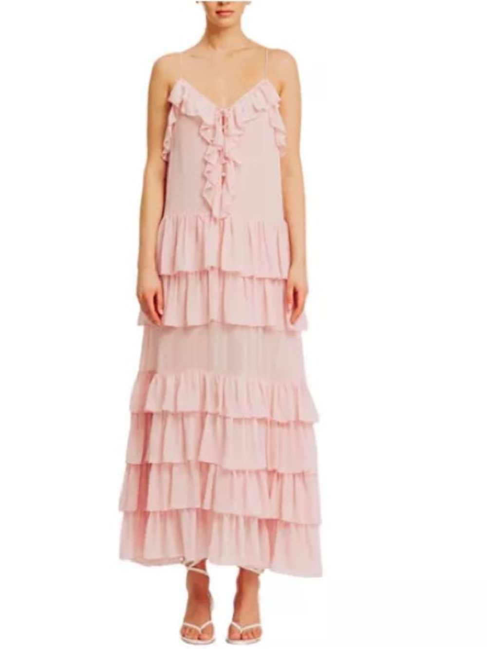 NWT TORN BY RONNY KOBO Orcadia Ruffled Tiered Spaghetti-Strap Maxi Dress Pink L